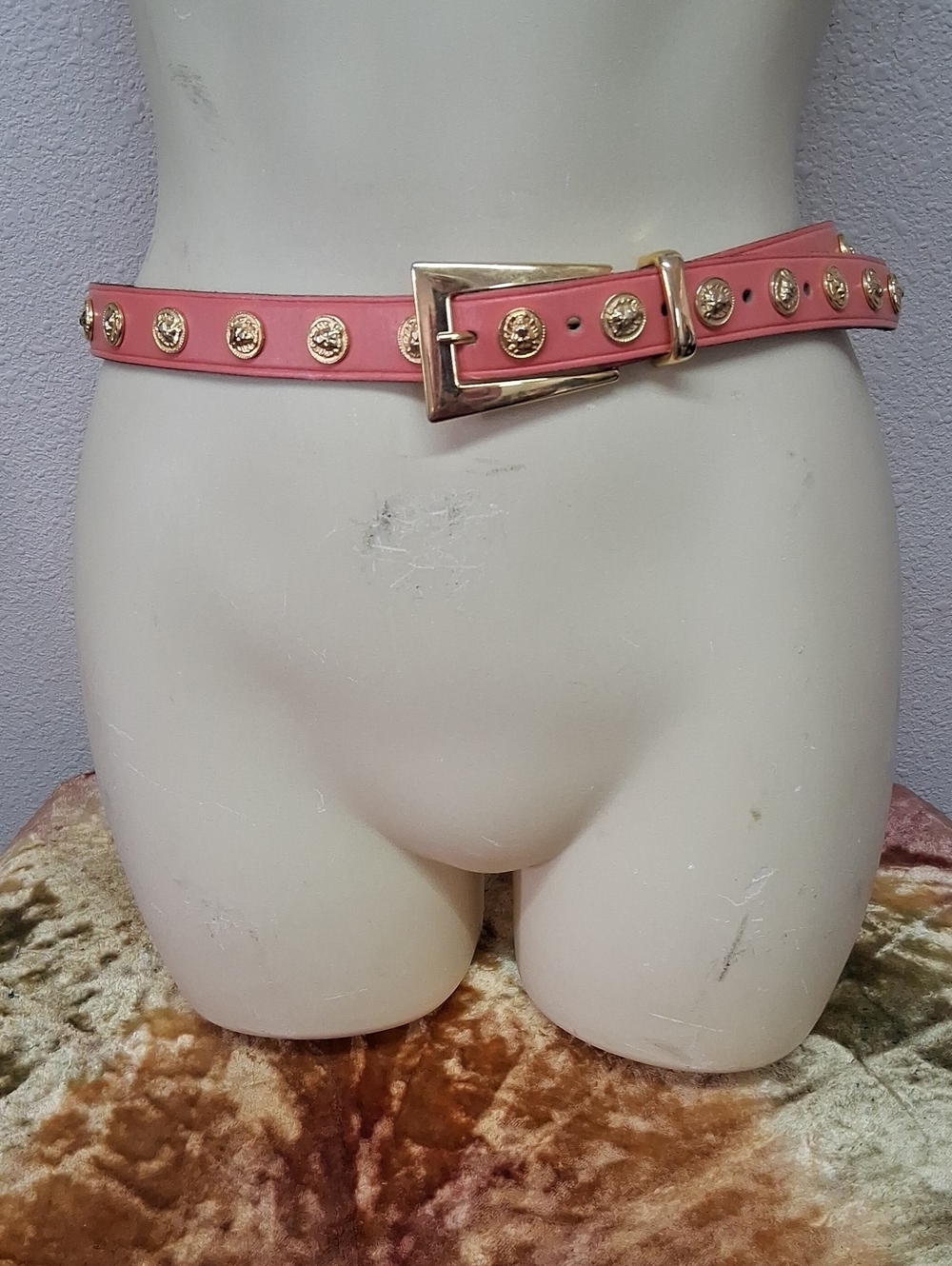 The Limited Vintage Leather Pink Belt with Gold Medallion Studs. Size M